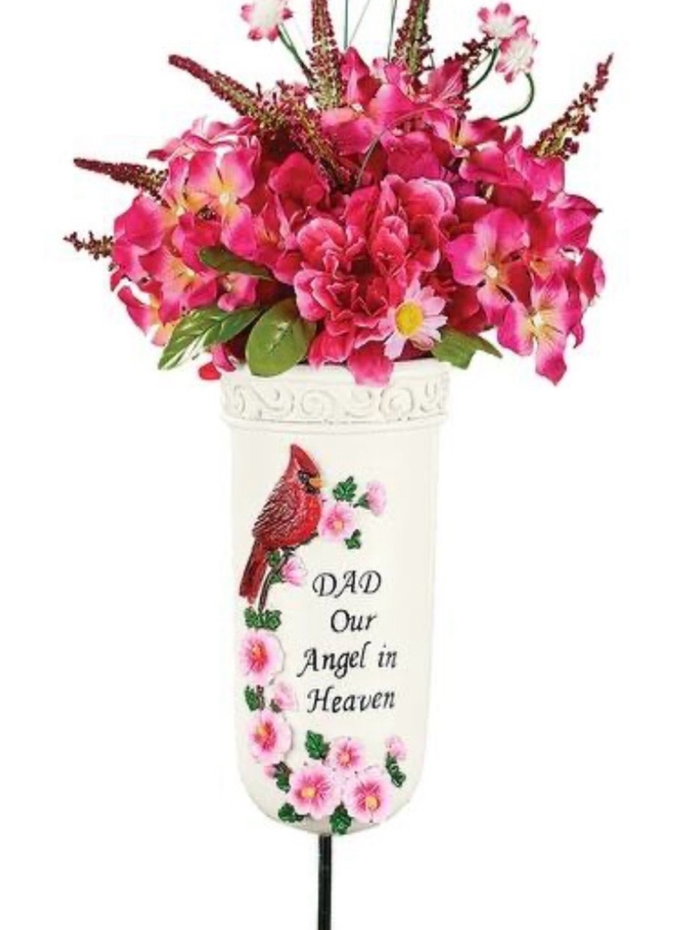 Memorial Vase Stake with Pink Floral Bouquet and Cardinal Accent